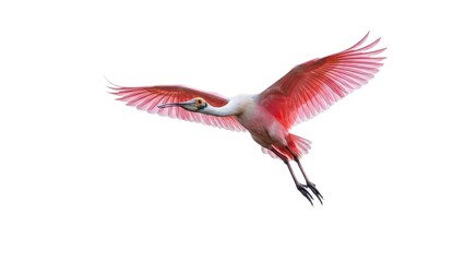 Obraz premium Roseate spoonbill in flight with vibrant pink wings spread wide