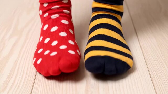 Mismatched socks with playful mood standing side by side against light wooden floor background