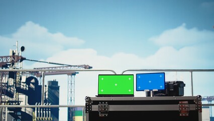 Fototapeta premium Isolated screen tablet and laptop on drilling rig used for doing maintenance, monitoring gear. Chroma key devices on offshore platform ship digital analyzing performance metrics