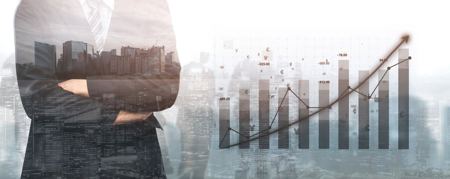A businessman stands confidently in front of a city skyline, with a growth graph representing financial success. This image symbolizes investment and strategy in a modern urban landscape. Impute - Powered by Adobe