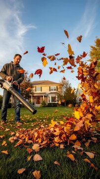 Man blowing autumn leaves on a green lawn with a leaf blower for backyard maintenance. Vertical video