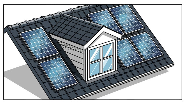 Rooftop solar panels on a dormer roof with clean energy concept in comic style
