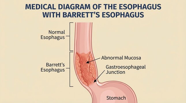 Medical illustration of normal esophagus and Barrett's esophagus