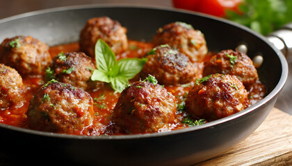 Fototapeta premium Fried meatballs with sauce on pan