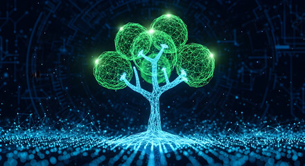Digital tree with glowing green leaves and blue roots on a dark background, representing technology and nature.