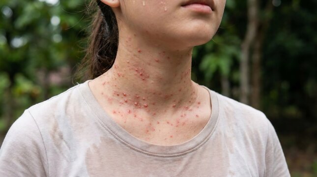 Young woman with red heat rash on her sweaty neck