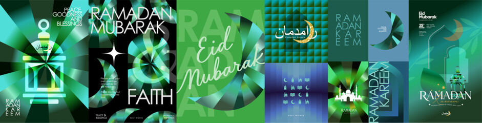 Ramadan Kareem and Eid Mubarak. Vector modern abstract illustrations of Islamic geometric shapes, lantern, crescent moons, pattern, arche, and window for greeting cards, posters, backgrounds, or invit