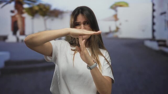 Hispanic woman gesturing time out on a city street, wearing casual white t-shirt outdoors, capturing urban pause with expressive facial features, summer vibe, and dynamic background blur.
