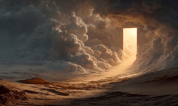 Surreal conceptual landscape of a radiant golden doorway rising from desert sands with clouds and symbolic light
