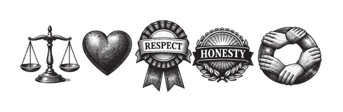 Engraved illustration depicts scales, heart, respect badge, honesty badge, and circle of hands, symbolizing diverse ethical values, integrity, fairness, and concepts.