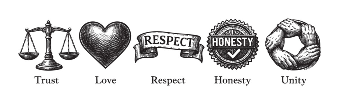 Monochrome drawing showing scales for trust, heart for love, ribbon for respect, honesty seal, linked arms for unity on white.