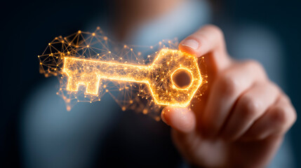 Person holds glowing golden key near digital network graphic. Symbolizes data security access control privacy ownership concept. Future tech innovation solution