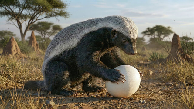 A detailed wildlife image of a honey badger (Mellivora capensis) on dry, cracked earth in a savanna, holding a large white stolen ostrich egg. Golden hour light, termite mounds in the background.