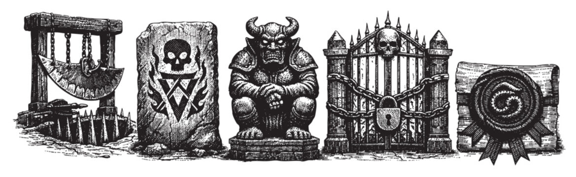 Ink drawing of fantasy objects includes a guillotine, skull stone, demon statue, chained gate, and a scroll against a white backdrop.