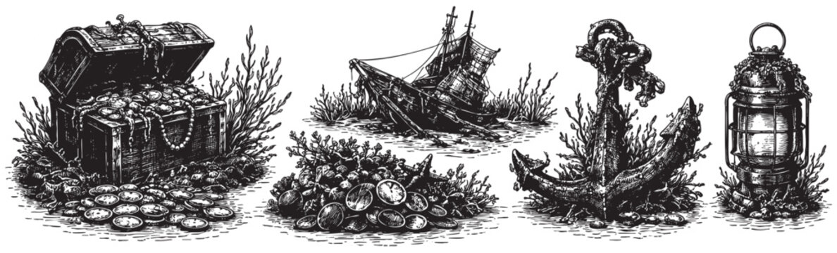 Hand drawn illustration featuring a treasure chest, ship wreck, anchor, and lantern for a thematic sea illustration, dark and moody.