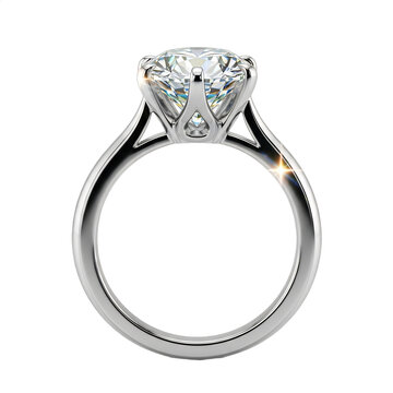 Diamond solitaire engagement ring in platinum, side view, isolated on transparent background. Perfect for wedding proposals, luxury ads, anniversaries, Valentine's Day. Highlights sparkle, fire,