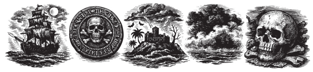 Naklejka premium Detailed black and white etchings depict pirate themes: a ship at sea, skull coin, island with castle, and skull illustration for adventurous vintage designs.