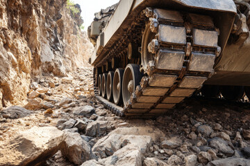 Low-angle, close-up of a tank's track moving over rough, wet, and rocky soil, with the vehicle and forest vegetation blurred in the background.
