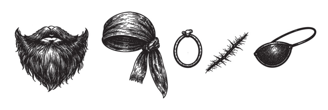 Pirate themed sketched accessories including a beard, headscarf, earring, splinter and eye patch in black and white are displayed. Perfect for pirate themed designs.