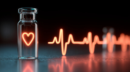 Glass vial on reflective surface with glowing heart and heart rate graph in neon light. Medical research and progress concept for health and wellness