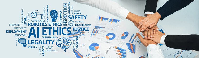 Hands unite over charts and concepts related to AI ethics, showcasing collaboration in governance,...