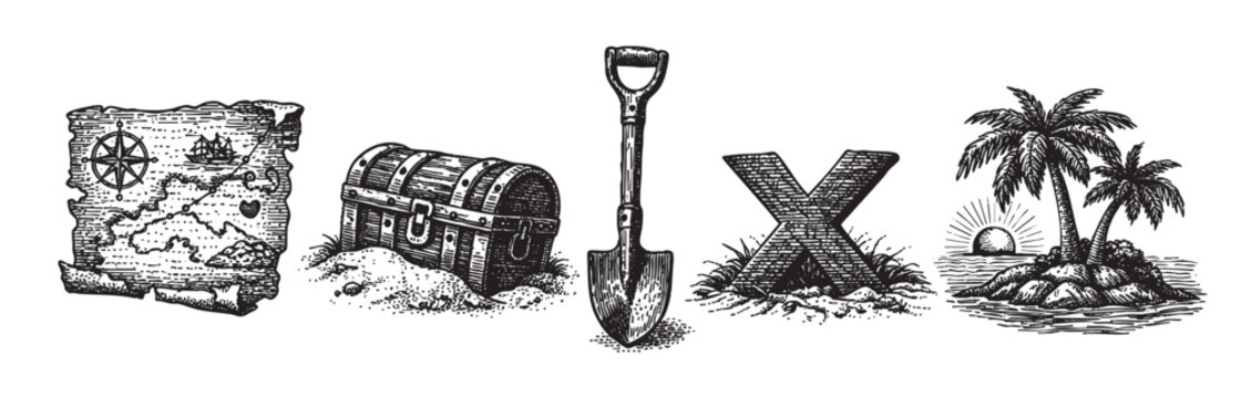 Illustration of a vintage treasure hunt concept, with a pirate map, chest, shovel, marked spot and tropical island; hand-drawn in a rustic, engraved style.