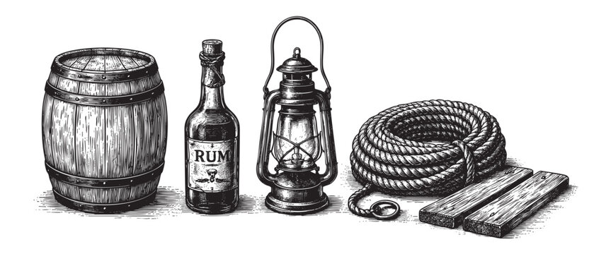 Detailed monochrome drawing of vintage pirate themed items: a rum bottle, lantern, wooden barrel and coiled rope with wood planks; ideal for posters, illustrations, and graphic design.