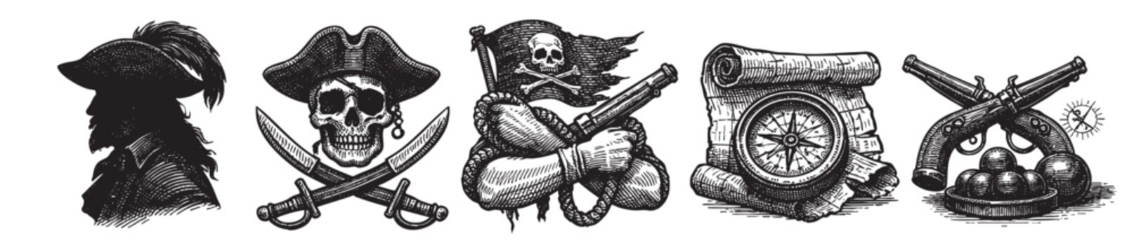 Vector illustration showing various pirate elements like hats, jolly roger flag, compass and treasure, ideal for themes like adventure.