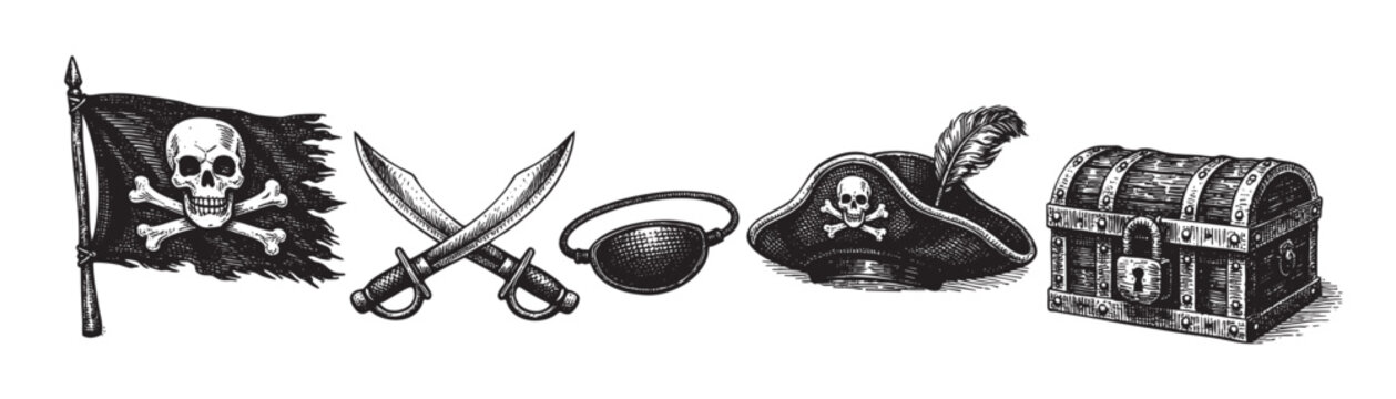 Black and white illustration of pirate theme, including flag, swords, eye patch, hat, and treasure chest, evoking adventure and fantasy. Good for creative projects.