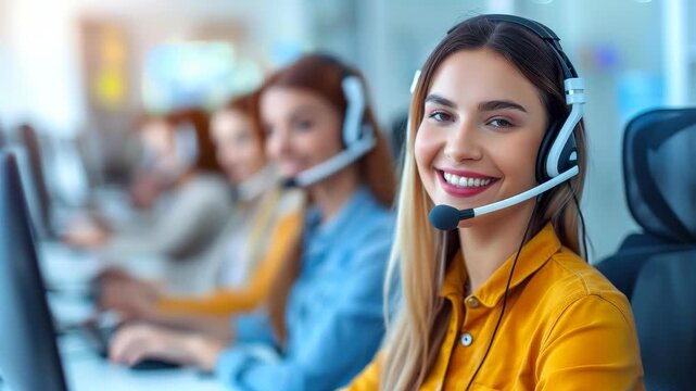 Cheerful Call Center Professionals: A radiant call center worker beams, headset in place, as she expertly assists clients, showcasing the warmth and efficiency of exceptional customer service. 