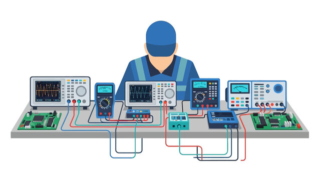 Technician analyzing electronic circuits with multimeters and oscilloscopes