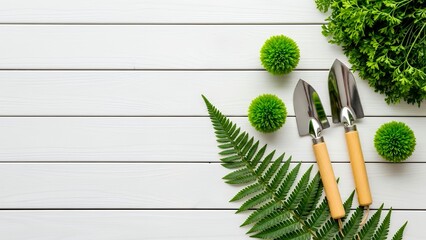 Gardening tools and plants on a wooden surface in a bright setting