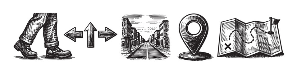 Naklejka premium A monochrome illustration depicting feet walking, arrows pointing toward a city, a location pin, and a treasure map. Suitable for travel guides or adventure stories.