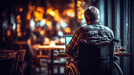 A person in a wheelchair is focused on coding at a computer in a modern workspace