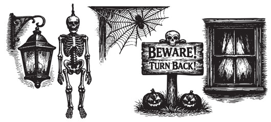 Black and white detailed illustrations featuring a skeleton, spiderweb, Halloween sign with pumpkins, and a window, perfect for spooky designs and festive backgrounds.