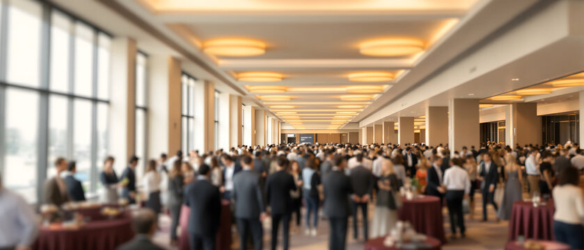 Blurred motion of large crowd attending business conference in modern hall. Defocused abstract background of corporate event networking, audience gathering in hotel lobby and busy exhibition center.