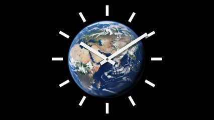 World clock showing earth's continents with hour and minute hands
