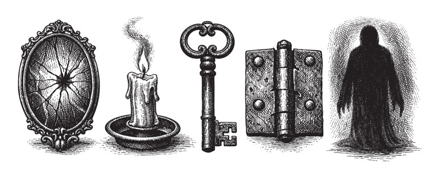 Engraving of a cracked mirror, burning candle, skeleton key, door hinge, and dark shadow figure, creating a spooky and mysterious composition.