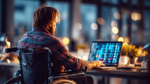 A person in a wheelchair is focused on coding at a computer in a modern workspace - Powered by Adobe