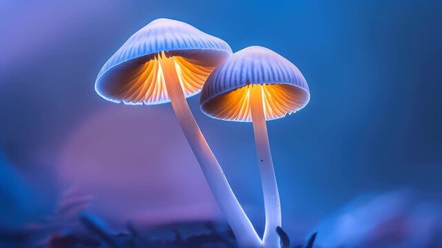 Illuminated Mushrooms: Two ethereal mushrooms glow softly against a vibrant blue backdrop. Showcasing the delicate beauty of fungi in a captivating display of light.