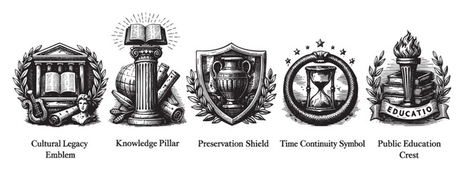 Collection of five emblems representing cultural legacy, knowledge, preservation, time continuity, and public education, rendered in black and white vintage engraving style.