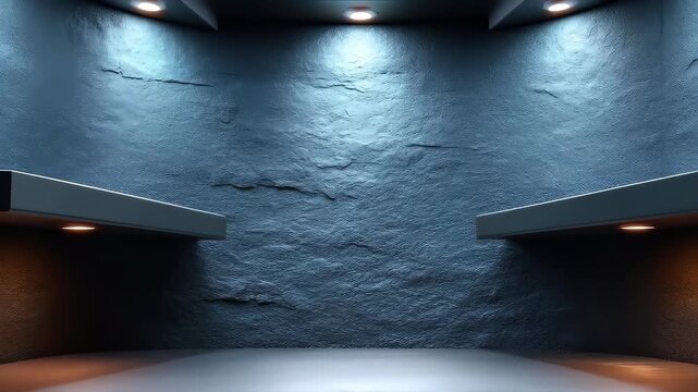 Architectural Symmetry: A modern interior space, defined by a textured stone wall, lit by a series of spotlights. Creating a sense of depth and architectural interest. 
