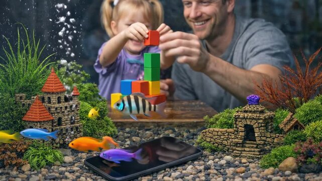 Playful family moment with father and daughter building colorful blocks, a submerged smartphone in aquarium with vibrant fish and miniature castle, symbolizing digital detox and joyful bonding.