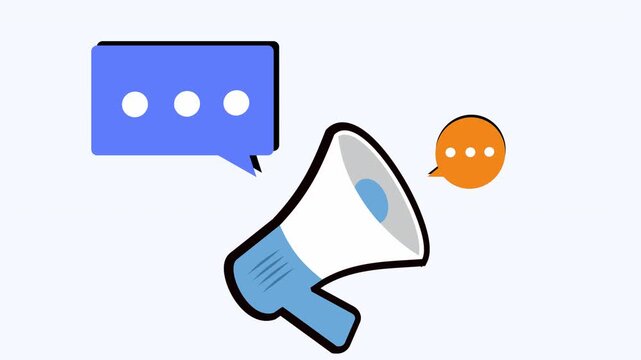 Megaphone with speech bubbles and a play button for social media marketing campaigns, webinars, announcement graphics, and promotion materials.