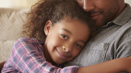 Smiling young girl rests head affectionately against father's chest while embracing