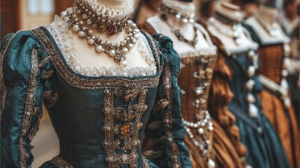 Elaborate historical gowns featuring intricate beadwork and pearl necklaces displayed in a row