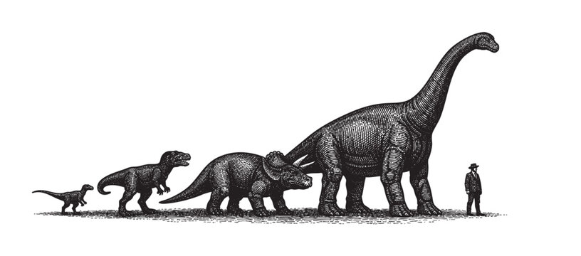This black and white vintage style illustration depicts different dinosaurs getting progressively larger leading up to a man in a suit for comparison.