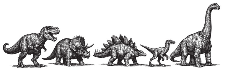 Black and white engraving style artwork depicts various dinosaurs like the Tyrannosaurus rex, Triceratops, and Brontosaurus on a white background.