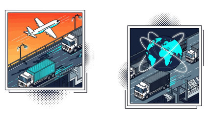 Global freight transport with trucks and airplane in isometric style