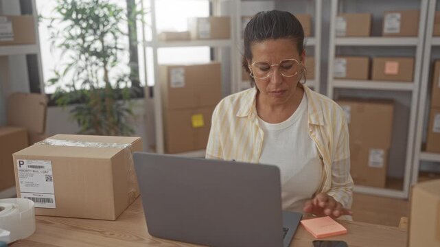 Woman writing on sticky note while packing shipping box at laptop in building; focused productivity.